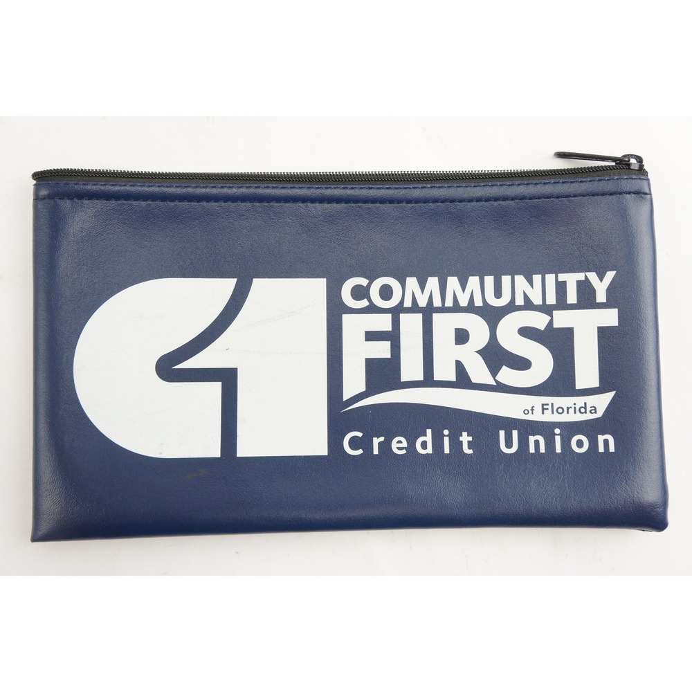 Community First Credit Union Bank Deposit Bag Navy Blue Vinyl Zipper Vintage VGC